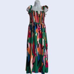 Sunday Up M Boho Maxi Dress Green Multicolor Smocked Summer Resort